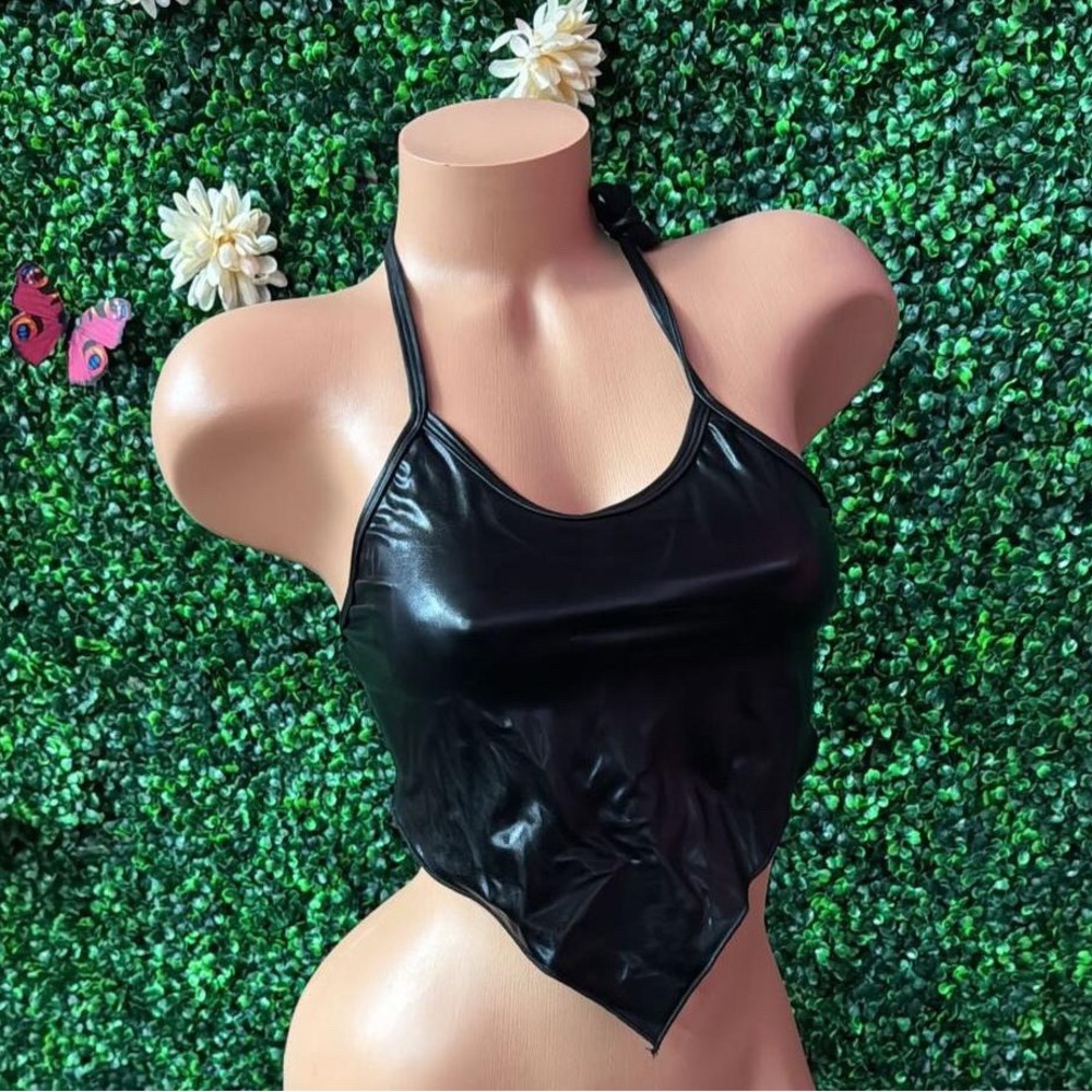 NEW NEVER WORN Rolita Couture Faux Leather Y2K Black Halter Neck Crop Top